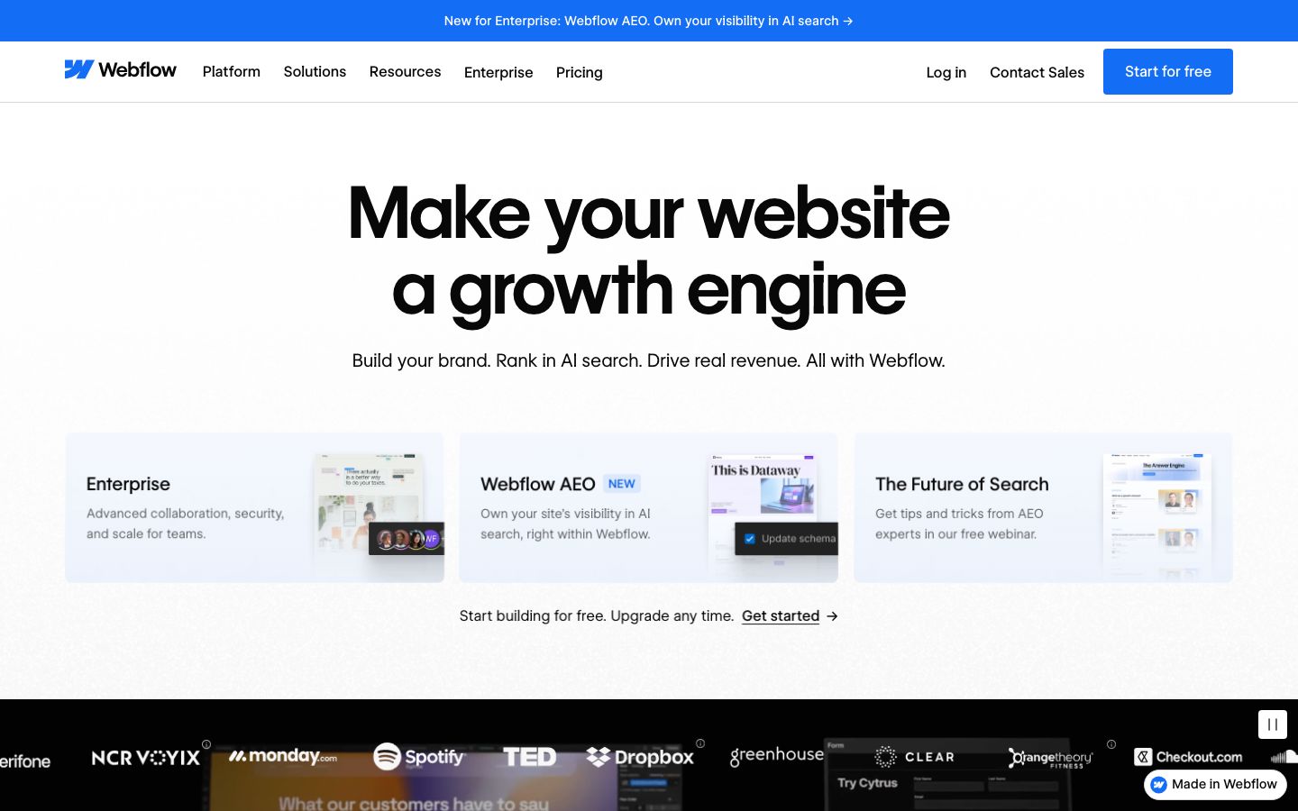 Capture d'écran du site de Webflow